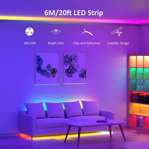 6M/20ft LED strip lighting up a living room with colorful effects, highlighting the 20 Foot RGB Smart LED Strip Lights Kit With Dope Music Sync App Control Dimmable 5050 LED Tape Flexible Ribbon For Home Bar Kitchen TV Backlighting 24V Power Supply And 24 Key Remote.