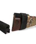 Adjustable Comb Raising Kit For Buttstock With Neoprene Sleeve And EVA Foam Cheek Pad To Boost Your Aim Sight Alignment And Shooting Accuracy On Rifles Now, showing rifle buttstock with neoprene and foam attachments.