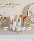 Smooth Spin Bathroom Vanity Tray For Counter 2 Pack 9 Inch Rotary Makeup Organizer A No Fuss Lazy Susan For Skincare Perfume And Daily Beauty Essentials with products arranged.