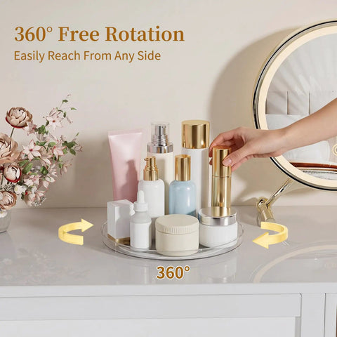 Smooth Spin Bathroom Vanity Tray For Counter 2 Pack 9 Inch Rotary Makeup Organizer A No Fuss Lazy Susan For Skincare Perfume And Daily Beauty Essentials with products arranged.