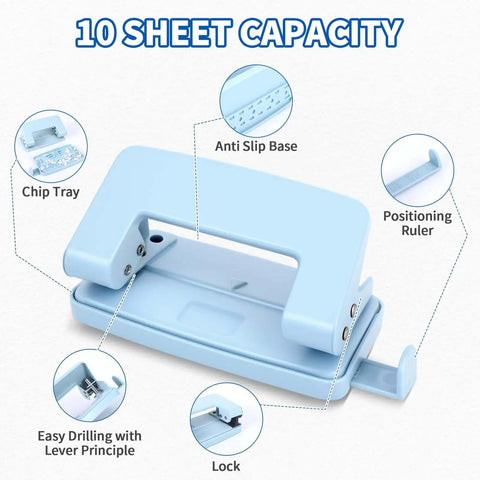 Two-Hole Paper Puncher With Adjustable Guide and Labor-Saving Handle, Heavy-Duty 5-Sheet Capacity Office Punch for Binders, Blue