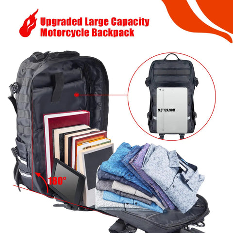 Waterproof Motorcycle Helmet Backpack With USB Port open with books, clothes, and laptop storage, big capacity visible inside.