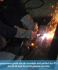 Person using plasma cutter with sparks, highlighting Plasma Cutter Tips PT-31 200 Pack Fits CUT-45 CUT-50 CT-312 MIG205MP With Torch JG-40 LG-40 Premium Consumables For Clean Slick Cuts And Easy Replacements.