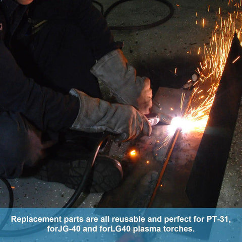 Person using plasma cutter with sparks, highlighting Plasma Cutter Tips PT-31 200 Pack Fits CUT-45 CUT-50 CT-312 MIG205MP With Torch JG-40 LG-40 Premium Consumables For Clean Slick Cuts And Easy Replacements.