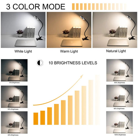 Clip On Desk Lamp With 48 LED Lights, Clamp On Reading Light With 3 Color Modes And 10 Brightness Levels, 360 Degree Flexible Gooseneck