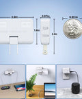 Three Way Flat Wall Outlet Extender With Swivel Two Prong Indoor Plug Tap next to a quarter, with application examples.