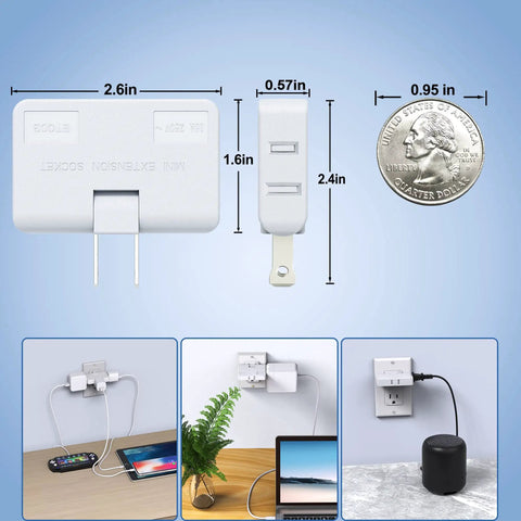 Three Way Flat Wall Outlet Extender With Swivel Two Prong Indoor Plug Tap next to a quarter, with application examples.