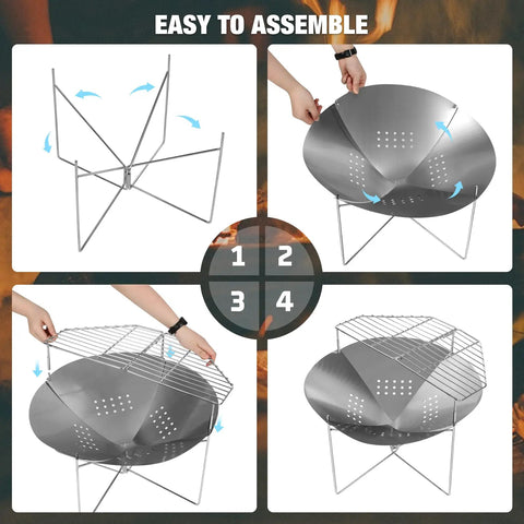Portable 20 Inch Stainless Steel Wood Burning Fire Pit With Folding Grill And Carry Bag Ultra Compact Travel Ready assembly guide