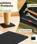 Heavy Duty Neoprene Foam Sheet With Knockout Grip Adhesive Backing For Straight Up Tough Shock Absorption And Slick Weather Seal Cuts Clean To Fit Any Garage Or Workshop Setup Today, shown protecting furniture feet and tools.