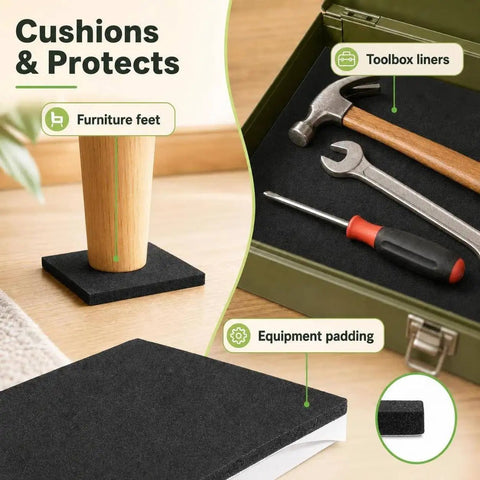Heavy Duty Neoprene Foam Sheet With Knockout Grip Adhesive Backing For Straight Up Tough Shock Absorption And Slick Weather Seal Cuts Clean To Fit Any Garage Or Workshop Setup Today, shown protecting furniture feet and tools.