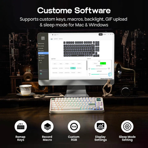 Slick Retro Wireless Mechanical Keyboard Featuring Hot Swap Switches And Compact Display Screen for gamer setup with custom software.