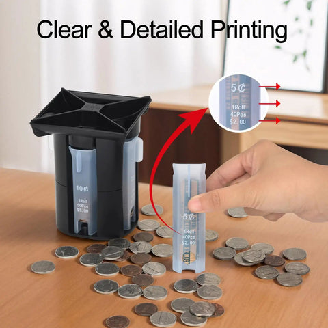 Person using 4 In 1 Coin Sorter And Wrapper Machine For Pennies Nickels Dimes Quarters With 80 Coin Wrappers on wooden table