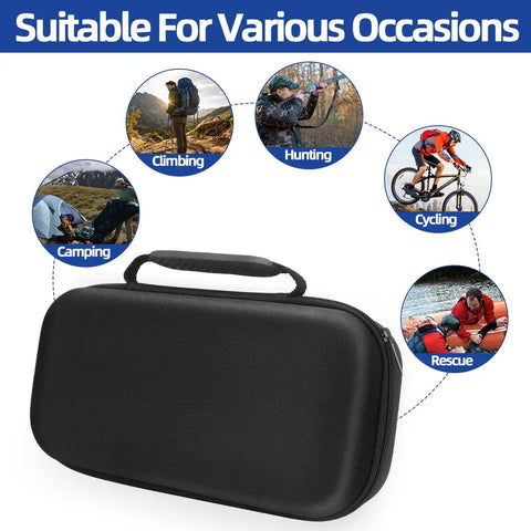 Beefy Rugged Walkie Talkie Carry Case shown with outdoor activity icons for climbing, hunting, cycling, camping, rescue.