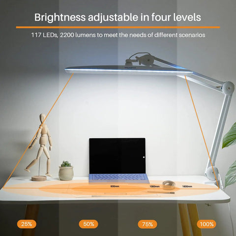 Task Lamp With Clamp For Desk Or Workbench 23 Inch Wide Head 117 LEDs 24W 2200 Lumen Dimmable Swing Arm Light