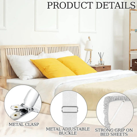20 Pcs Hidden Strap Tablecloth Clips Set Adjustable Elastic Table Cloth Holders For Picnic Tables Outdoor Benches And Bed Sheets Secure Table Covers Easily White on bed setup showing metal clasp, adjustable buckle, and bed sheet grip.