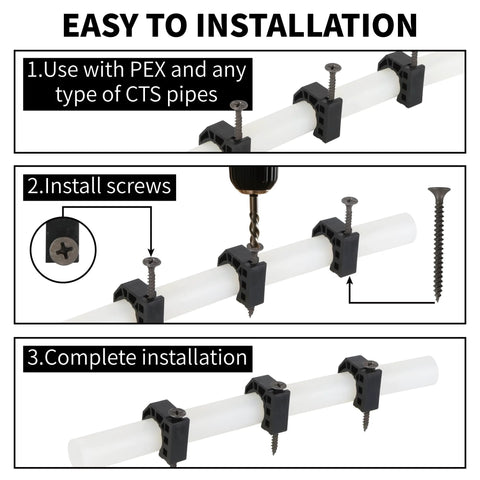 Black 1/2-in J-Hook clamps with screws for PEX tubing; 50-pack, installed on a white pipe.