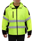 Hi Vis Hooded Windbreaker Safety Jacket With 2 Inch Reflective Tape ANSI Class 2 Compliant Water Resistant Shell Lime High Visibility Gear