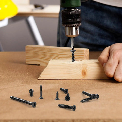 Premium Black Wood Screws Assortment Kit 250 Piece Heavy Duty Carbon Steel Fasteners for deck repair and furniture building in use.
