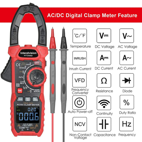 Inrush Clamp Meter 1000A True RMS AC DC Current Meter With VFD LOZ Mode features list and display screen