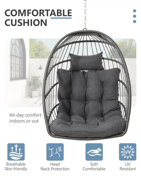 Cozy Outdoor Egg Chair With Stand, Wicker Hanging Swing Chair With Cushion, 350 Lb Weight Capacity For Patio Garden Balcony And Bedroom, Tool Free Assembly In Under 30 Minutes, Dark Grey.