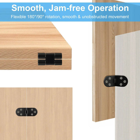 Rock Solid 2 Piece 180 Degree Flip Top Hinges For Folding Tables shown in operation on wooden surfaces, showcasing black zinc alloy material.