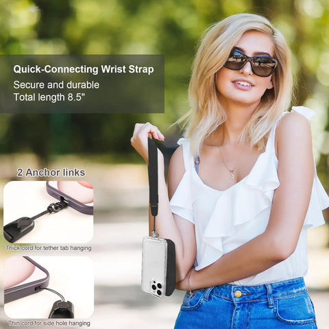 Woman using Clip And Go Phone Strap With Wallet Crossbody, Detachable RFID Wristlet, Universal 360 Rotatable Phone Tabs outdoors