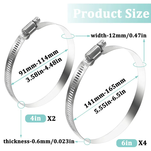 Diagram of Six Piece Stainless Steel Hose Clamp Set For Ducts And Air Venting Including 4 Inch And 6 Inch Clamps, with size details.