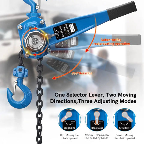 Heavy Duty Workhorse Manual Lever Hoist 3300 Lbs Load Capacity 20 Ft Chain lever mechanism and rotary hook detail