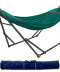 Foldable Hammock Stand For Camping And Home Use, Collapsible Double Hammock Set With 600 Lbs Capacity, Premium Steel Frame And Breathable Polyester Hammock Net In Peacock, Quick 30 Second Setup For Two People displayed with carrying bag