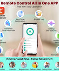 Person holding smartphone with Six In One Smart Lock app showing remote control features, including notifications and access logs.