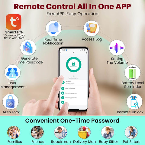 Person holding smartphone displaying app interface for Six In One Smart Lock With Camera And Doorbell, Keyless Entry For Front Door With Fingerprint, App Remote, Auto Lock, Passcode, IC Card And Voice Control, Built In WiFi, Works With Alexa And Google Assistant