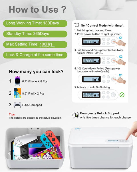 Solid Timed Phone Lock Box To Kick Scroll Habit And Stay Sharp Great For Cellphones Tablets And Snacks Distraction Proof Self Control Timer Storage Locker Gray use instructions and device capacity details.