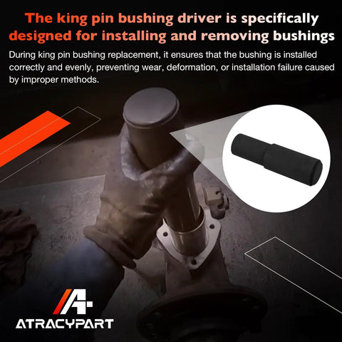Front view of king pin bushing driver in use on a truck/trailer suspension; spiral, heavy‑duty alloy steel with black cylindrical tip.