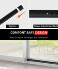 1.25 Inch Diameter Sliding Door Security Bar For Home, Adjustable From 17.1 To 40 Inches, Black Stainless Steel Patio Glass Door Lock Bar With Rubber Tips, Rust Resistant, Durable Security Bar For Sliding Doors And Windows, shown installed on patio door with close-up on adjustment feature.