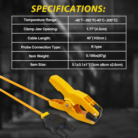 Yellow HVAC temperature clamp with banana plug adapter and K-type thermocouple; 40in cable.