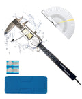 Front view of digital caliper measuring tool, 6-inch stainless steel with LCD display, IP54 waterproof, includes feeler gauges and blue case
