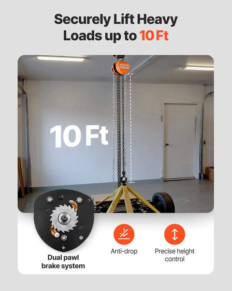 1 Ton Hand Chain Hoist With 10 Ft Lift Galvanized G80 Chain in garage, showcasing dual pawl brake system and safety features for precise lifting.