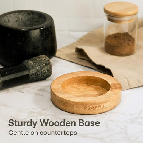 Heavy Duty 1 Cup Granite Mortar And Pestle Set For Spices And Herbs Molcajete Style Stone Grinder With Non Slip Wooden Base