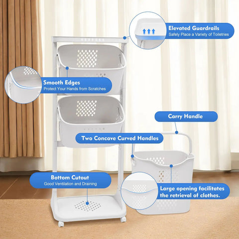 Three Tier Rolling Laundry Cart With Wheels For Bathroom And Bedroom, showing elevated guardrails and concave curved handles