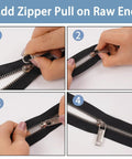 Zipper Pull Replacement Set Six Pack Metal Zipper Handles being attached to black zipper, step-by-step installation guide shown.