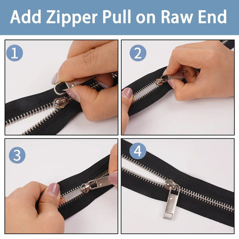 Zipper Pull Replacement Set Six Pack Metal Zipper Handles being attached to black zipper, step-by-step installation guide shown.