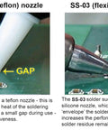 Comparison of Teflon and silicone nozzles for Pro Grade Desoldering Pump Solder Sucker, showing gap differences on PCB