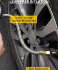Heavy Duty Tire Pressure Gauge With Large Glow Dial And Steel Braided Hose Reaching Two Hundred Thirty Psi showing a leak-free stainless hose.