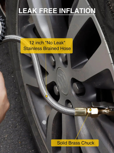 Heavy Duty Tire Pressure Gauge With Large Glow Dial And Steel Braided Hose Reaching Two Hundred Thirty Psi showing a leak-free stainless hose.