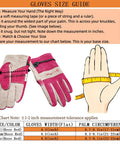 Gloves size guide showing measurement steps with leather gardening work gloves for women in rose red.
