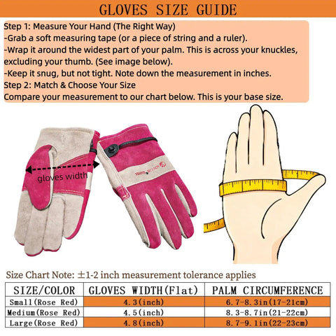 Gloves size guide showing measurement steps with leather gardening work gloves for women in rose red.