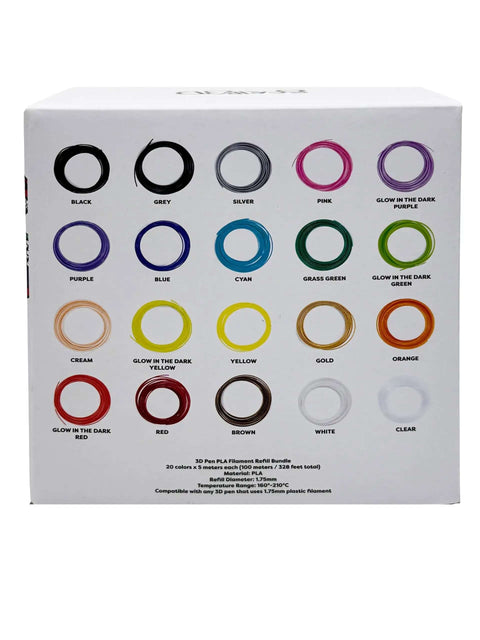 Pen Filament Refills For 3D Pens, 1.75mm PLA, 320 Feet, 20 Colors, Works With SCRIB3D, PIKA3D, MYNT3D color chart