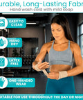 Woman wearing adjustable wrist wrap braces in a gym setting, highlighting features like easy to clean, hang dry, latex-free.