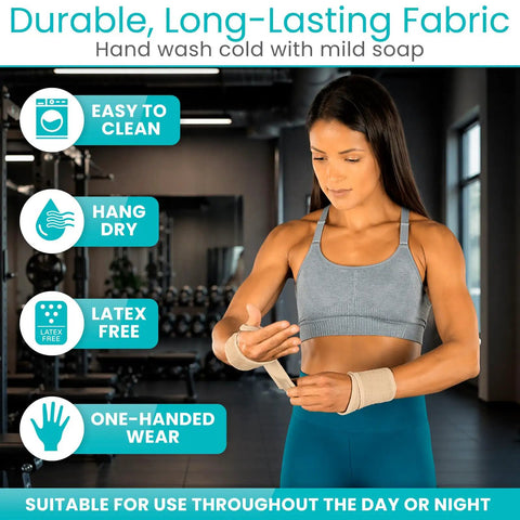 Woman wearing adjustable wrist wrap braces in a gym setting, highlighting features like easy to clean, hang dry, latex-free.