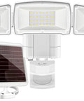 Outdoor Solar Motion Sensor Lights 2 Pack Four Head Security Flood Lights With 270 Degree Wide Angle Illumination IP65 Waterproof Ultra Bright 800 Lumens Daylight White Cordless Solar Powered, showing three heads and solar panel